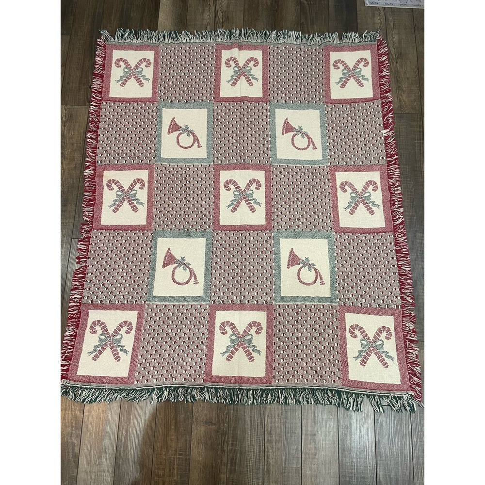 Candy Canes & Trumpets Christmas Tapestry Blanket Fringe Woven Cotton 50" x 60"